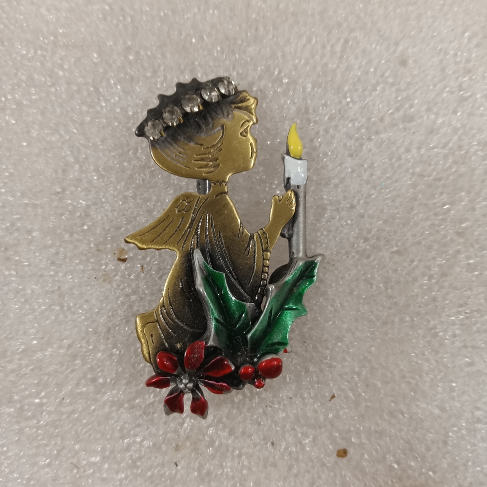 Vintage GCI Angel Holly Poinsettia Candle Pin Brooch Rhinestone Halo